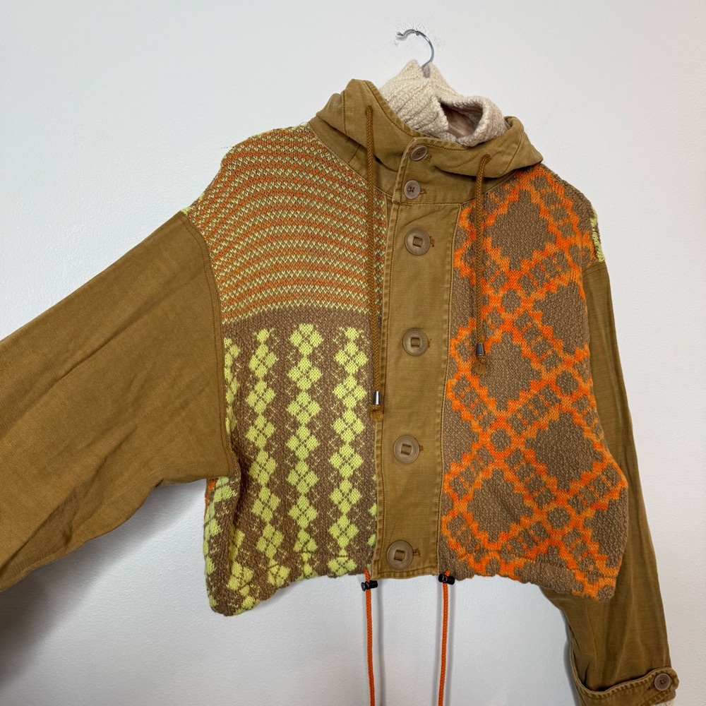 Free People Reno Multi Media Hooded Jacket Boho Patchwork xs stand funnel neck - Picture 9 of 11